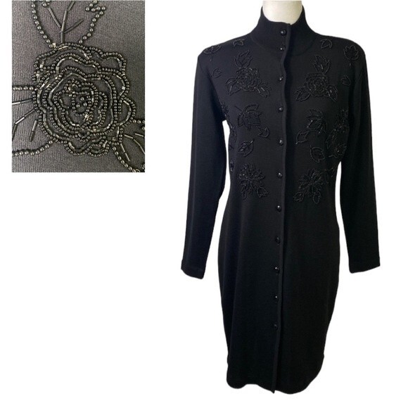 Liz Claiborne Button Up Sweater Dress/Coat Long Sleeve Bead Embellishments Wool - Picture 1 of 15